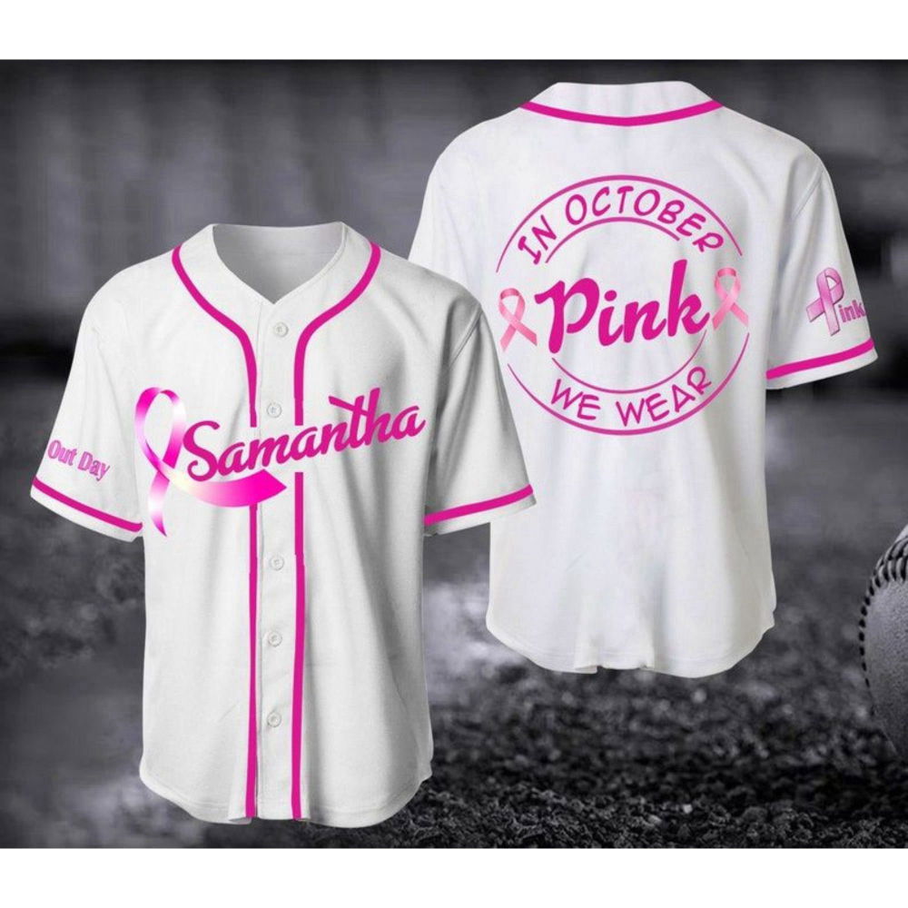 October We Wear Pink Baseball Jersey - Breast Cancer Unisex Shirt Gift for Her Him - Aopprinter