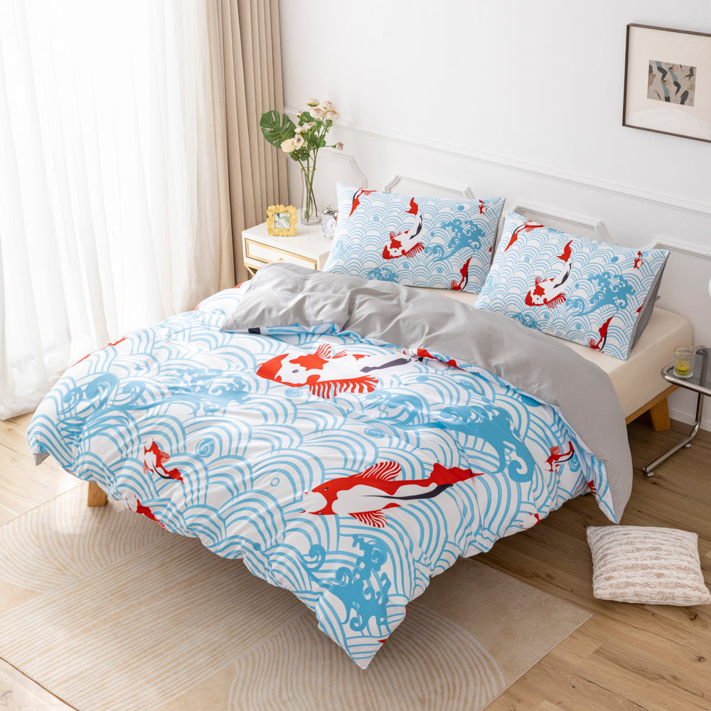 3D Carp Waves Blue Quilt Cover Set Bedding Set Duvet Cover Pillowcases 573