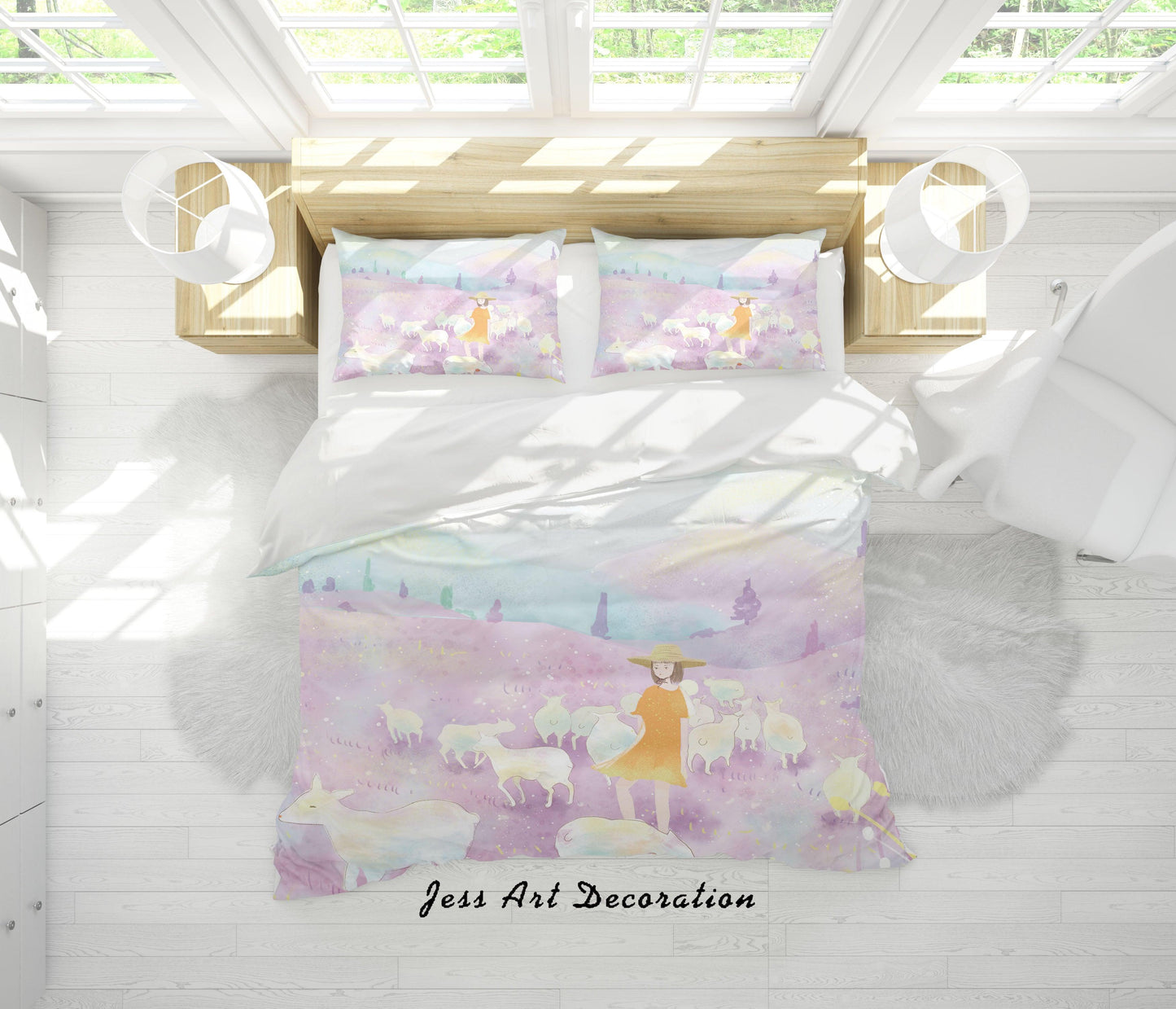 3D Cartoon Purple Hillside Girl Goat Quilt Cover Set Bedding Set Duvet Cover Pillowcases A564 LQH