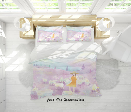 3D Cartoon Purple Hillside Girl Goat Quilt Cover Set Bedding Set Duvet Cover Pillowcases A564 LQH