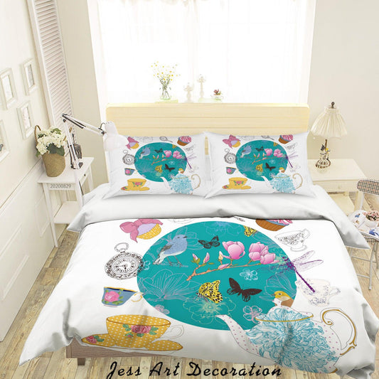 3D Abstract Hand Draw Cartoon Teapot Teacup Butterfly Pattern Quilt Cover Set Bedding Set Duvet Cover Pillowcases WJ 3581