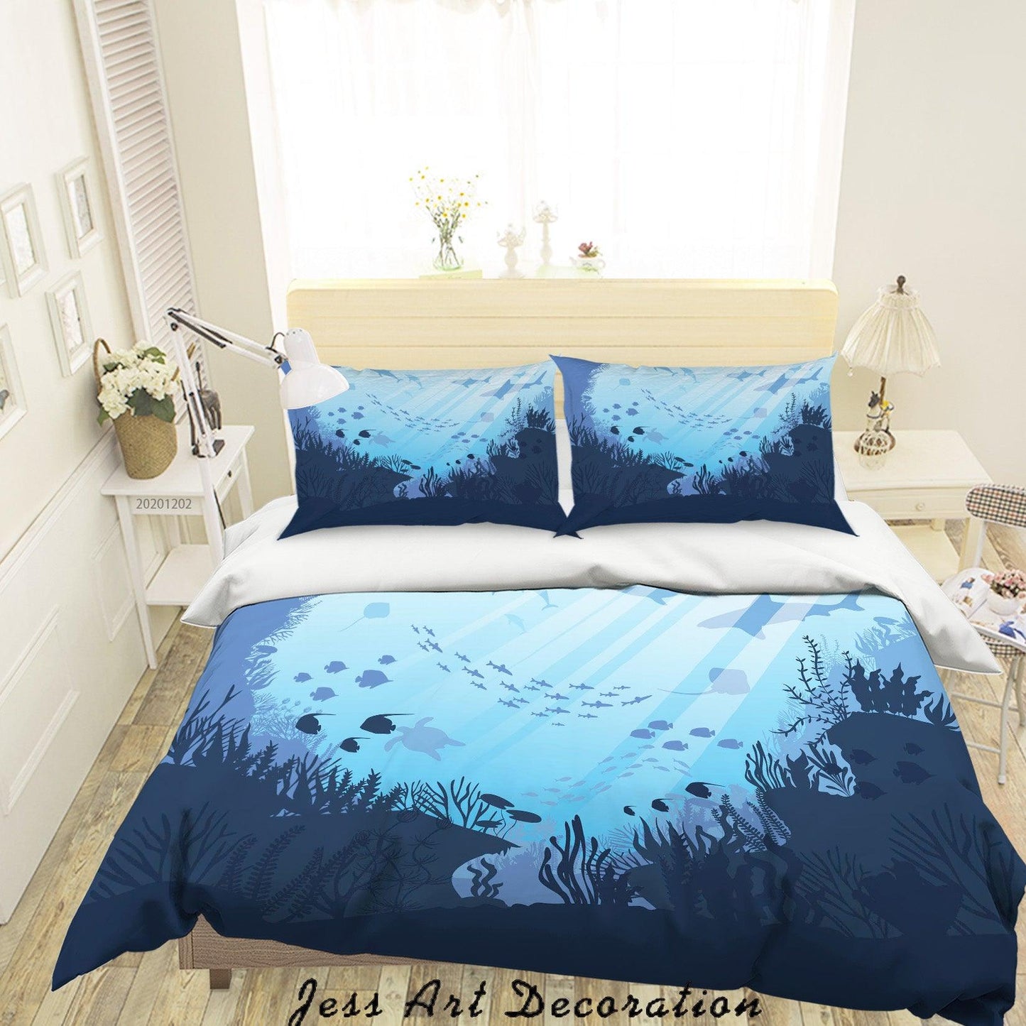 3D Cartoon Dark Blue Ocean Seaweed Fish Shadow Quilt Cover Set Bedding Set Duvet Cover Pillowcases LXL