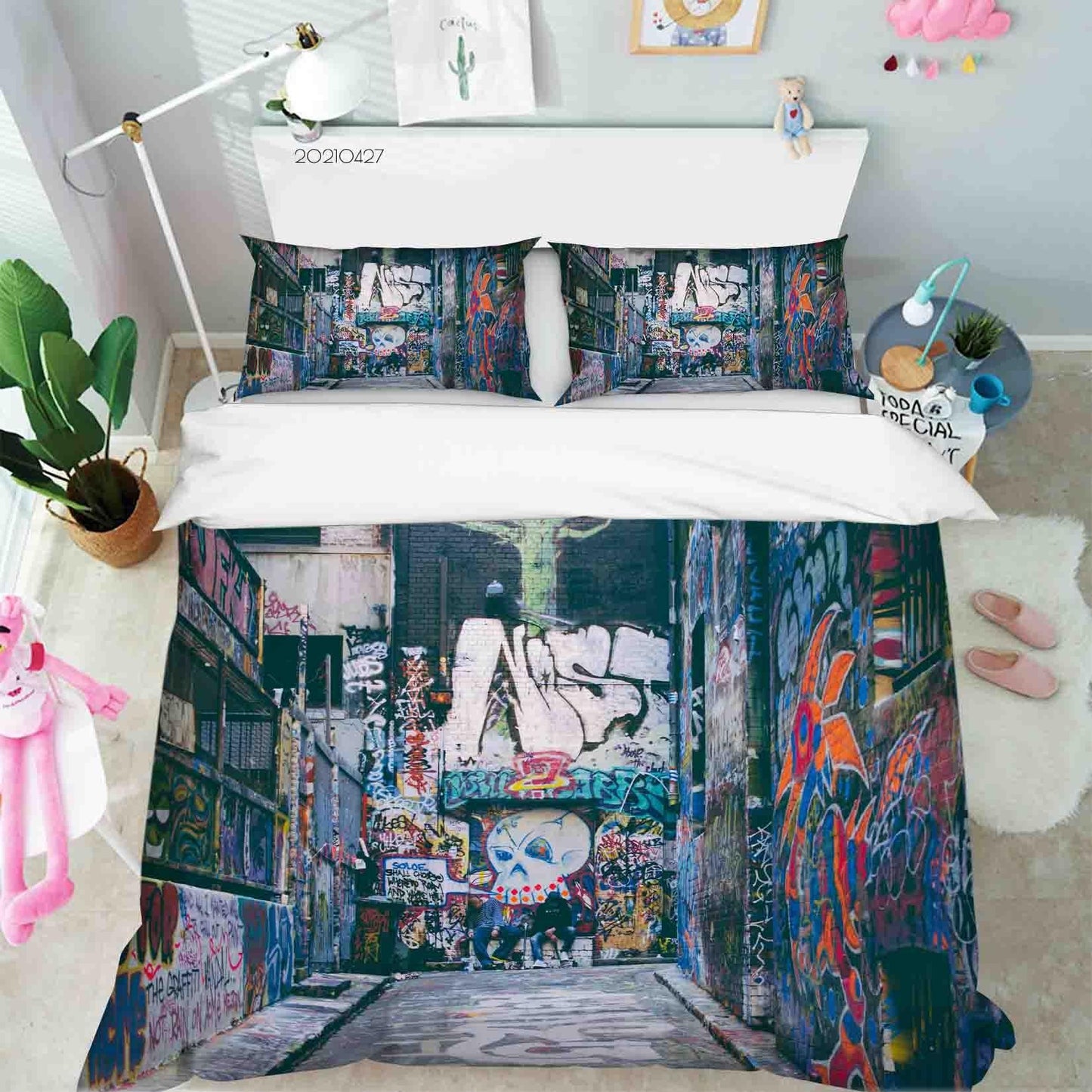 3D Abstract Colored Street Graffiti Quilt Cover Set Bedding Set Duvet Cover Pillowcases 130