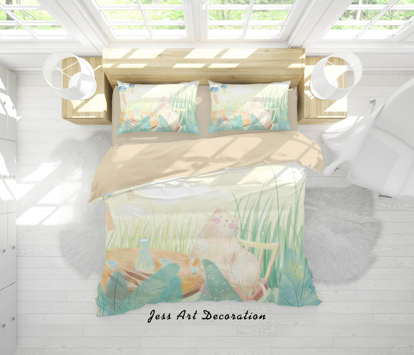 3D Cartoon Cat Green Leaf Quilt Cover Set Bedding Set Duvet Cover Pillowcases A581 LQH