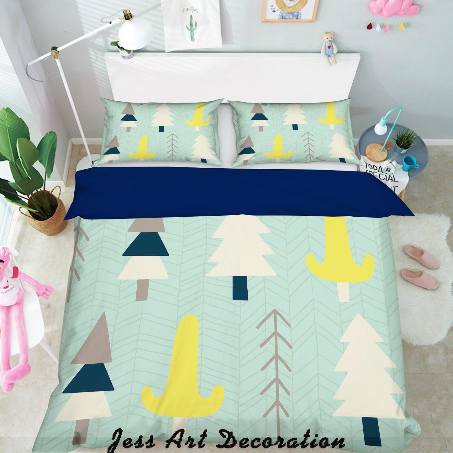 3D Cartoon Pine Pattern Green Background Quilt Cover Set Bedding Set Pillowcases  118