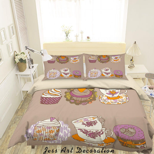 3D Abstract Hand Draw Cartoon Cake Teacup Pattern Quilt Cover Set Bedding Set Duvet Cover Pillowcases WJ 3554