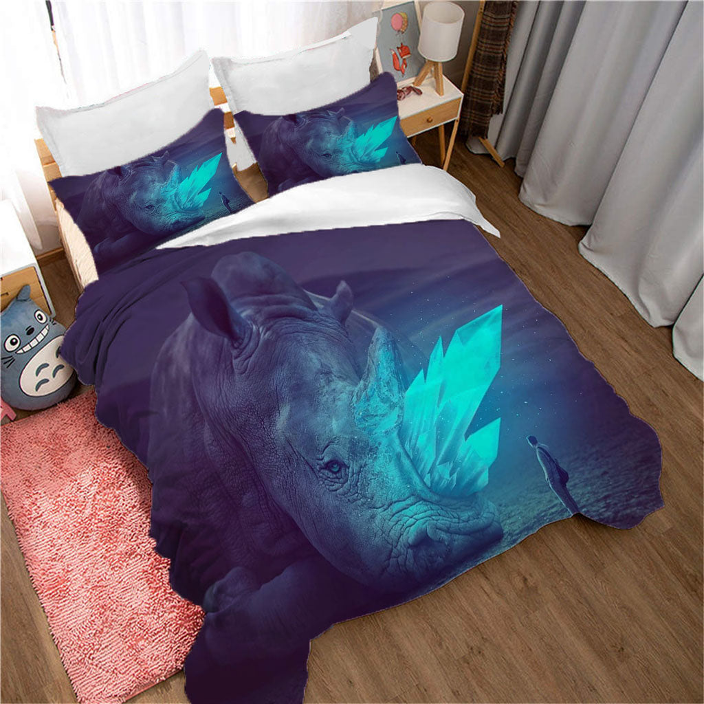 3D Animal Rhinoceros Person Blue Quilt Cover Set Bedding Set Duvet Cover Pillowcases 1129