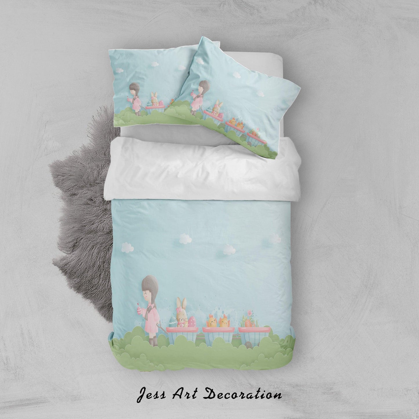 3D Blue Green Cartoon Rabbit Girl Chick Cart Quilt Cover Set Bedding Set Duvet Cover Pillowcases SF80