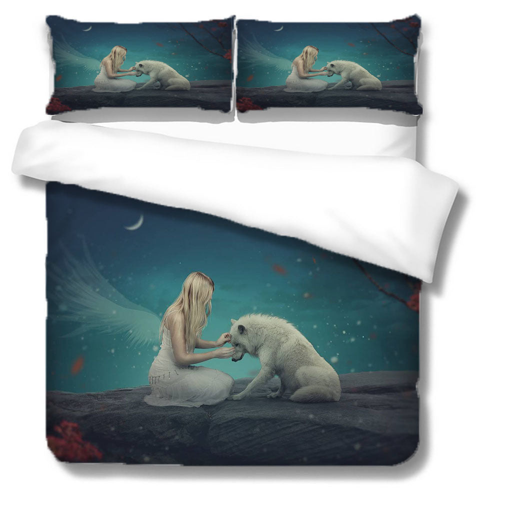 3D Angel Arctic Fox Moon Sky Quilt Cover Set Bedding Set Duvet Cover Pillowcases 1236