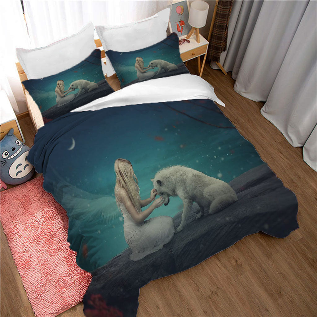 3D Angel Arctic Fox Moon Sky Quilt Cover Set Bedding Set Duvet Cover Pillowcases 1236