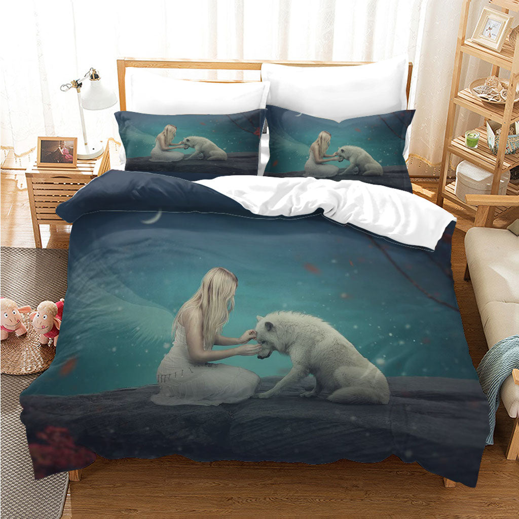 3D Angel Arctic Fox Moon Sky Quilt Cover Set Bedding Set Duvet Cover Pillowcases 1236