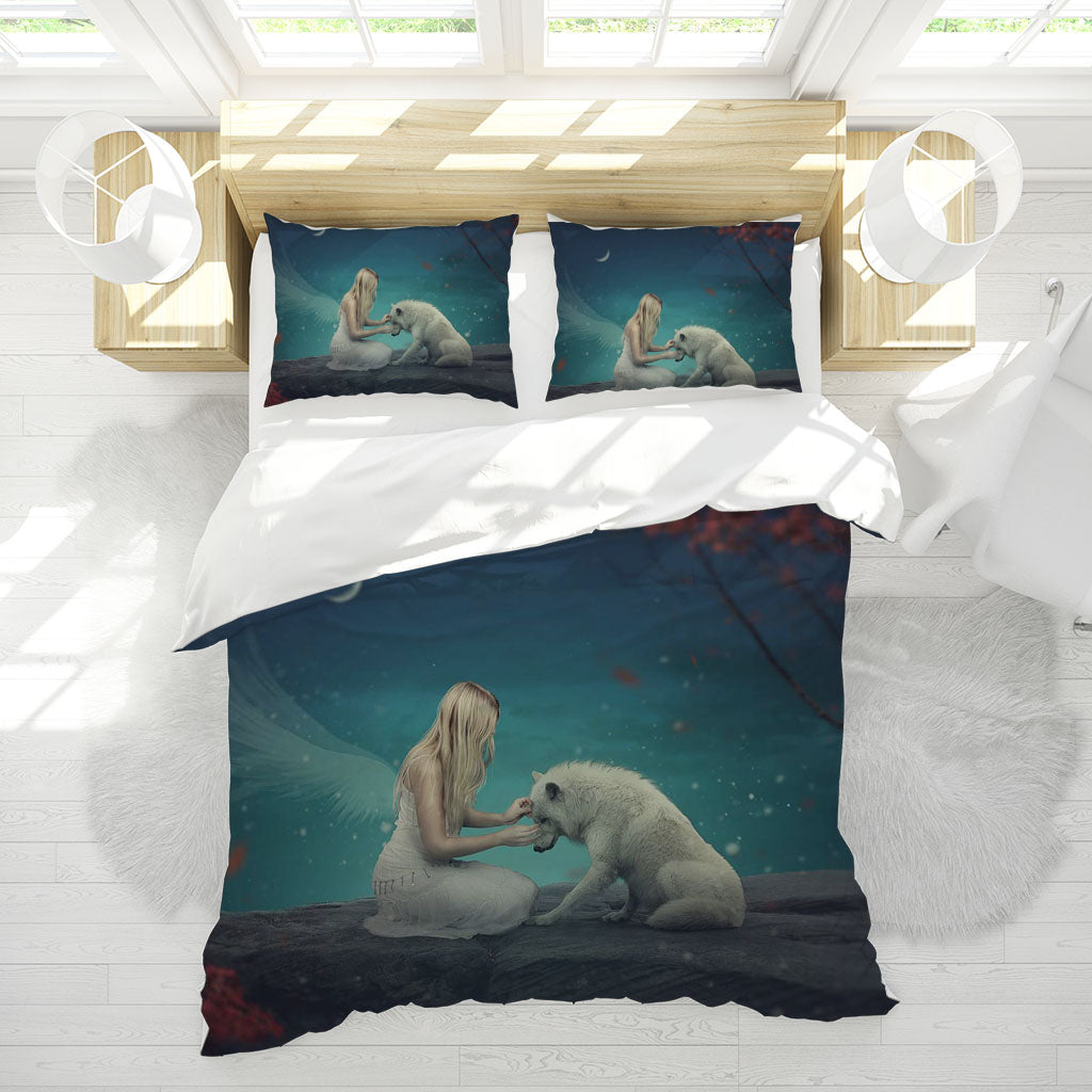 3D Angel Arctic Fox Moon Sky Quilt Cover Set Bedding Set Duvet Cover Pillowcases 1236