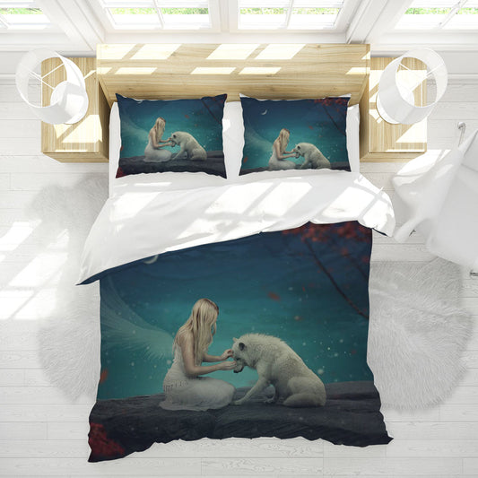 3D Angel Arctic Fox Moon Sky Quilt Cover Set Bedding Set Duvet Cover Pillowcases 1236