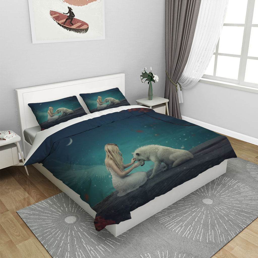 3D Angel Arctic Fox Moon Sky Quilt Cover Set Bedding Set Duvet Cover Pillowcases 1236