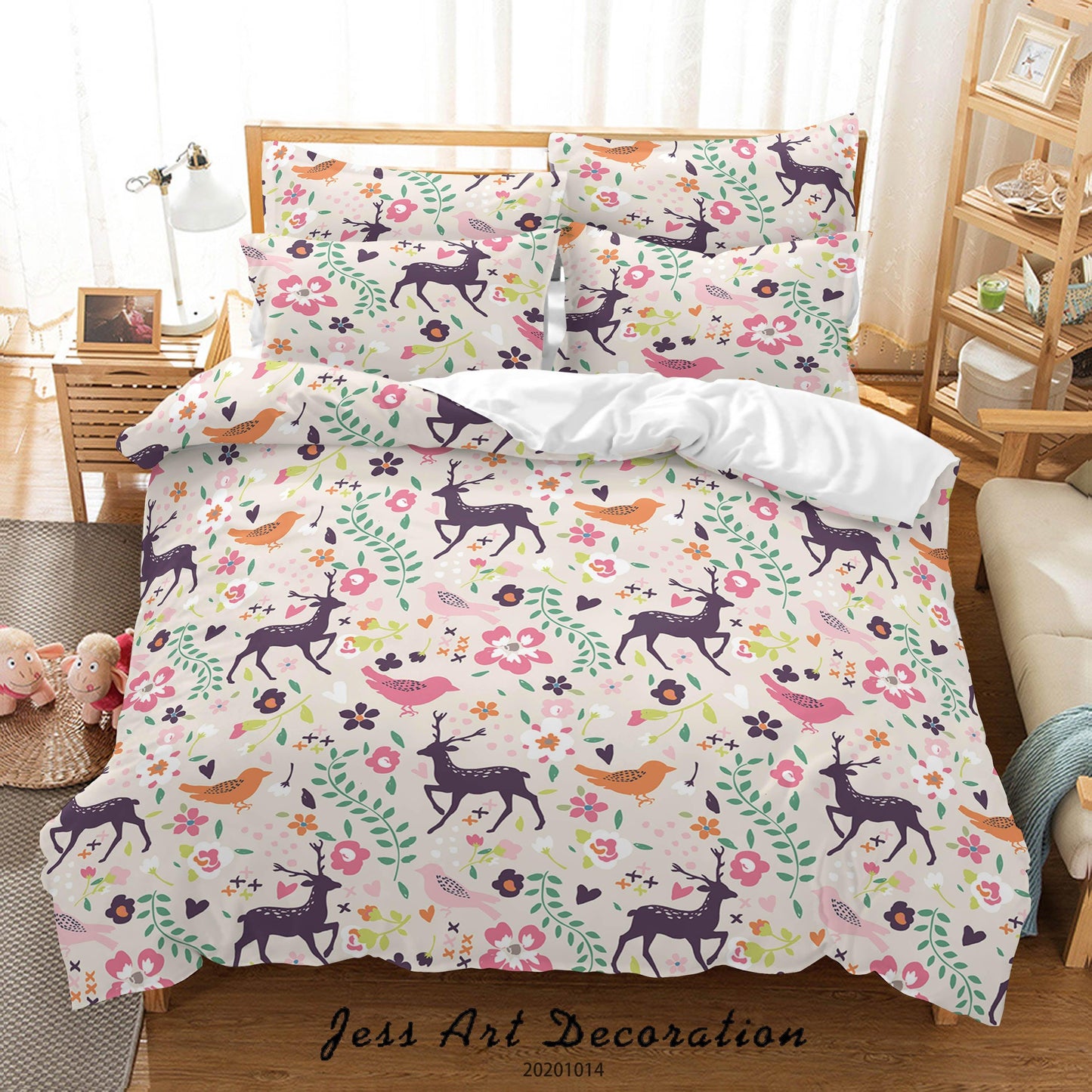 3D Cartoon Animal Dears Birds Flowers Pattern Quilt Cover Set Bedding Set Duvet Cover Pillowcases WJ 9701