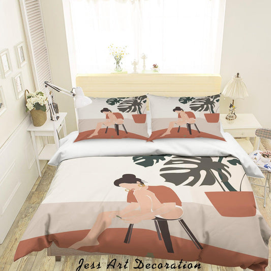 3D Beauty Lady Silhouette Tropical Leaves Quilt Cover Set Bedding Set Duvet Cover Pillowcases SF07