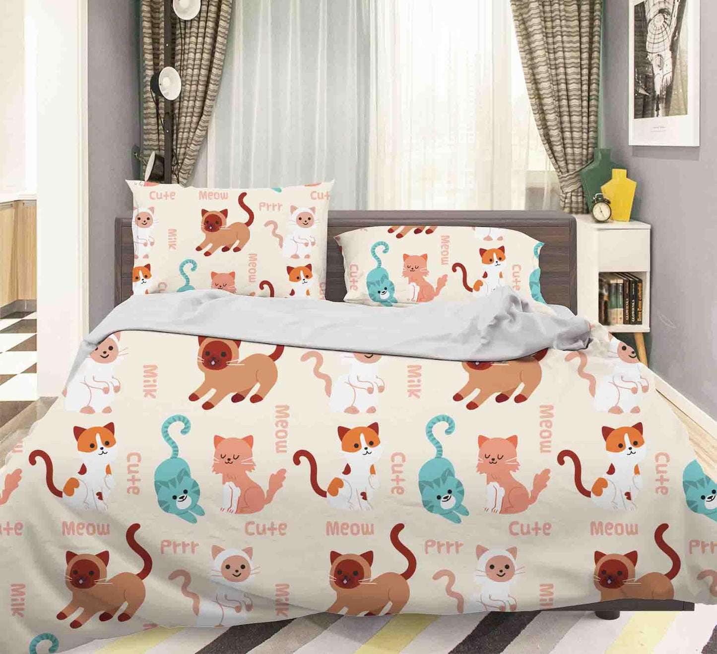 3D Cartoon Colorful Cat Pattern Quilt Cover Set Bedding Set Duvet Cover Pillowcases LXL