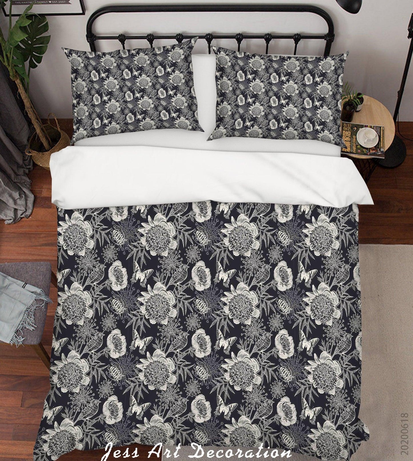 3D Black Gray Floral Butterfly Quilt Cover Set Bedding Set Duvet Cover Pillowcases SF15