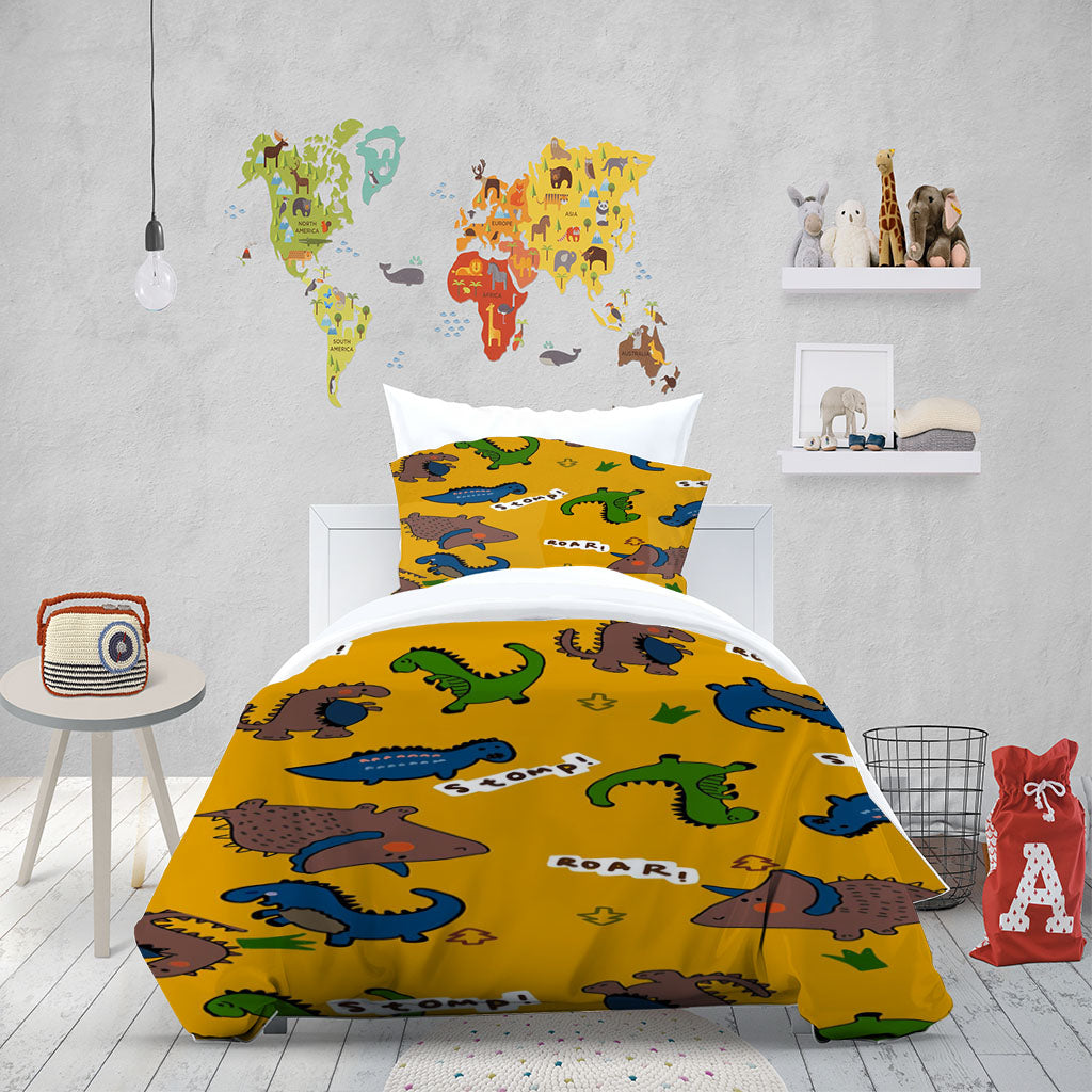 3D Cartoon Dinosaur Yellow Letter Quilt Cover Set Bedding Set Duvet Cover Pillowcase 1381