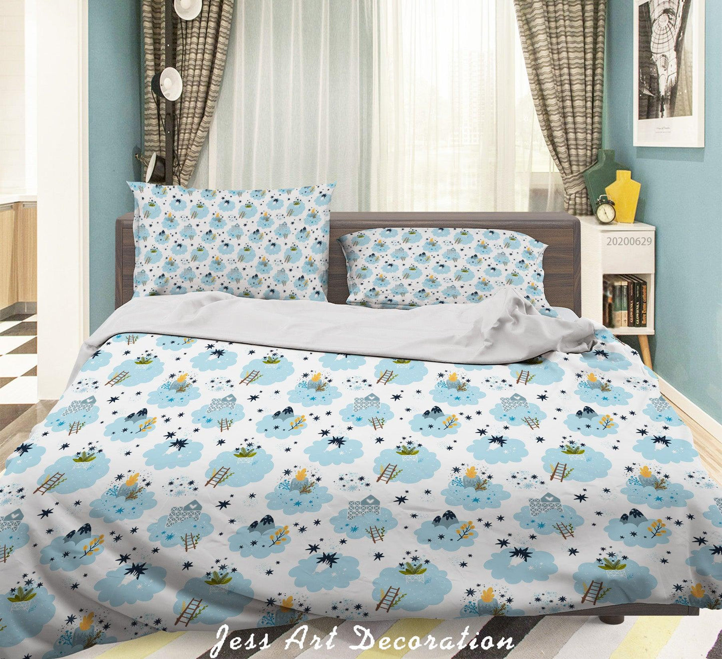 3D Blue Clouds Star House Mountain Quilt Cover Set Bedding Set Duvet Cover Pillowcases SF64