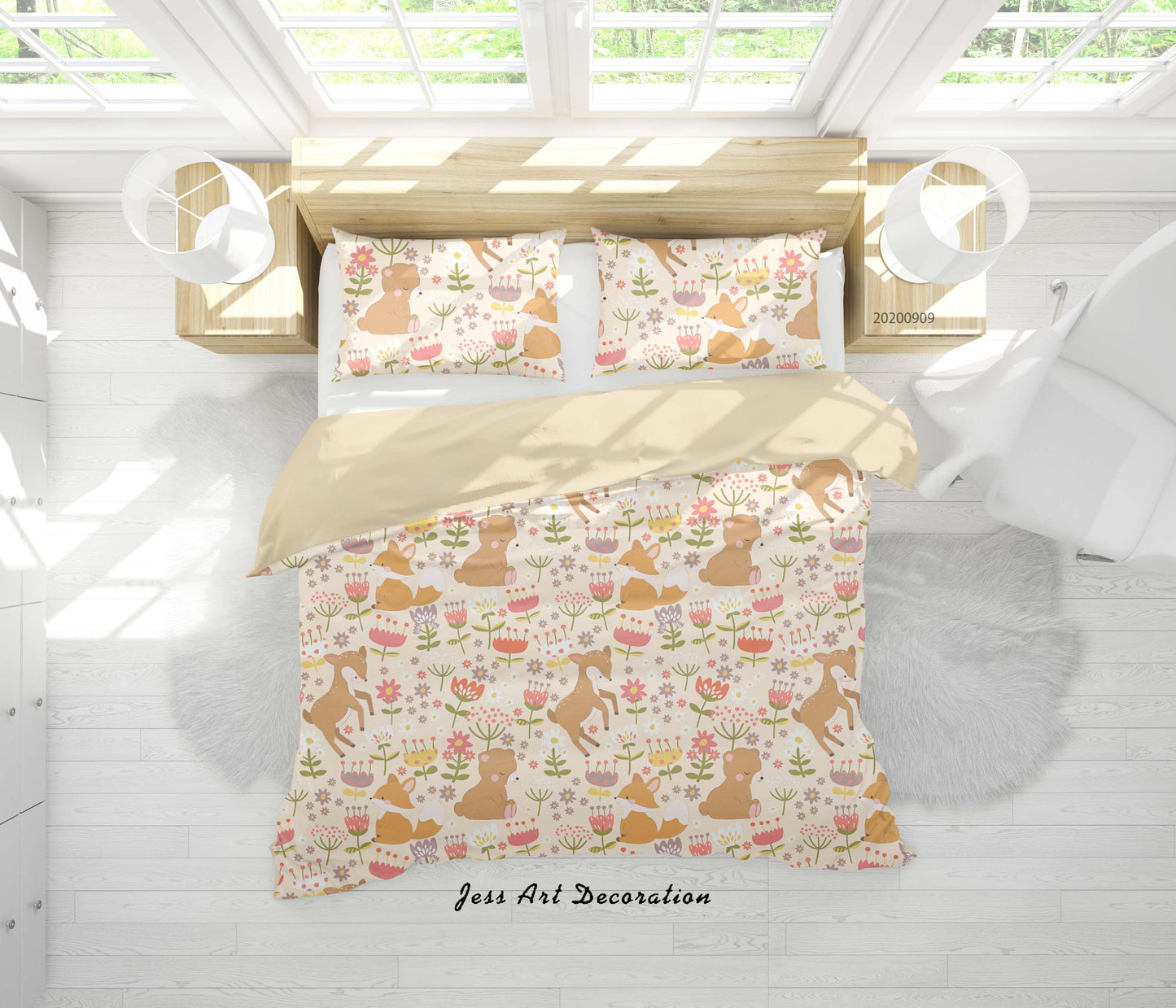 3D Cartoon Animal Bear Fox Deer Flowers Pattern Quilt Cover Set Bedding Set Duvet Cover Pillowcases WJ 6026