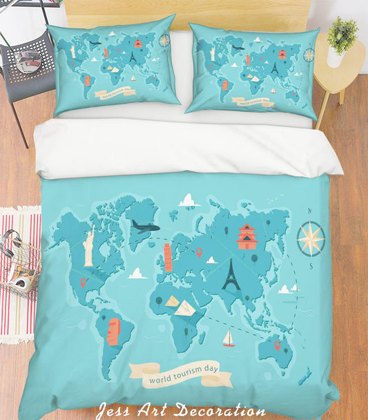 3D Blue World Map Quilt Cover Set Bedding Set Pillowcases 222