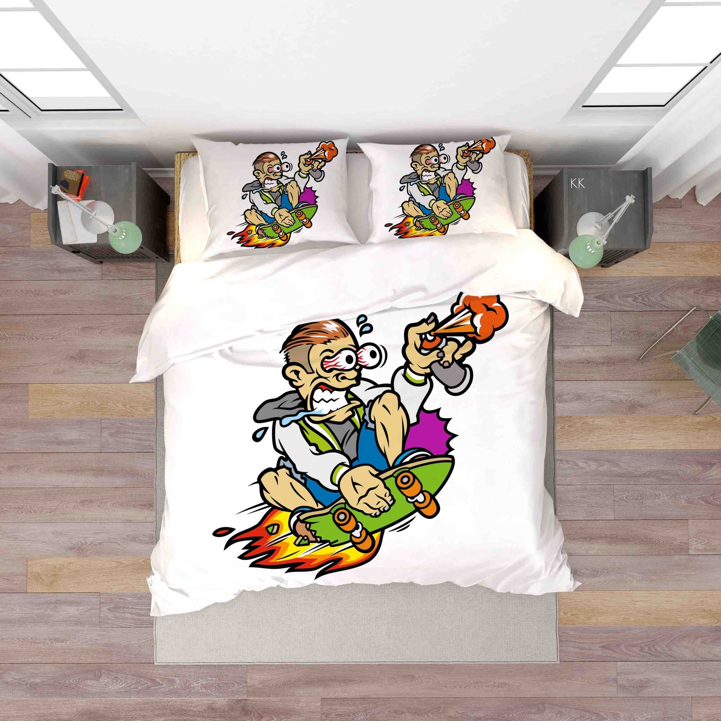 3D Cartoon Person Skateboarding Mist Spray Quilt Cover Set Bedding Set Duvet Cover Pillowcase 375