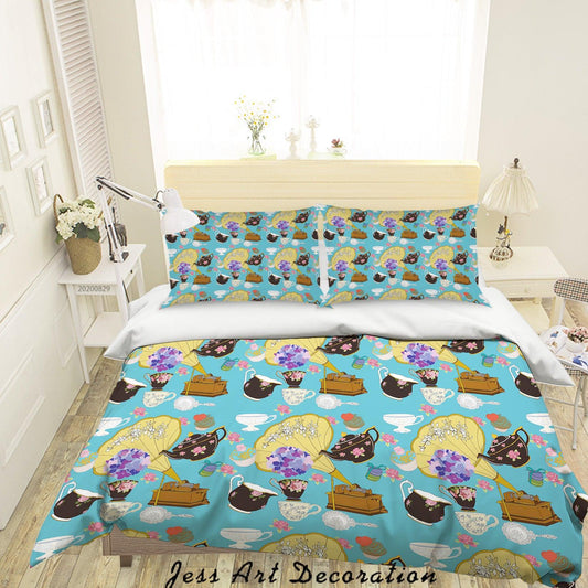 3D Abstract Hand Draw Cartoon Teacup Dessert Pattern Quilt Cover Set Bedding Set Duvet Cover Pillowcases WJ 3570