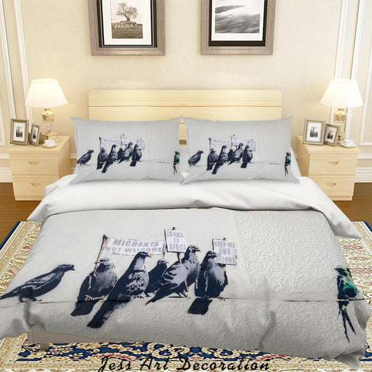 3D Banksy Bird Pigeon Black White Quilt Cover Set Bedding Set Duvet Cover Pillowcases  ZY D70