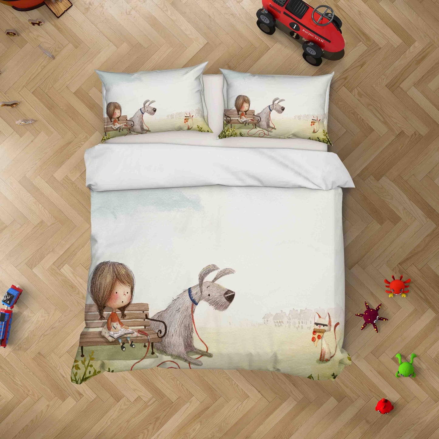 3D Cartoon Bench Girl Dog Cat Quilt Cover Set Bedding Set Duvet Cover Pillowcases SF069