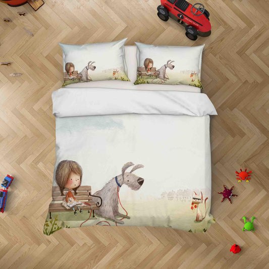 3D Cartoon Bench Girl Dog Cat Quilt Cover Set Bedding Set Duvet Cover Pillowcases SF069