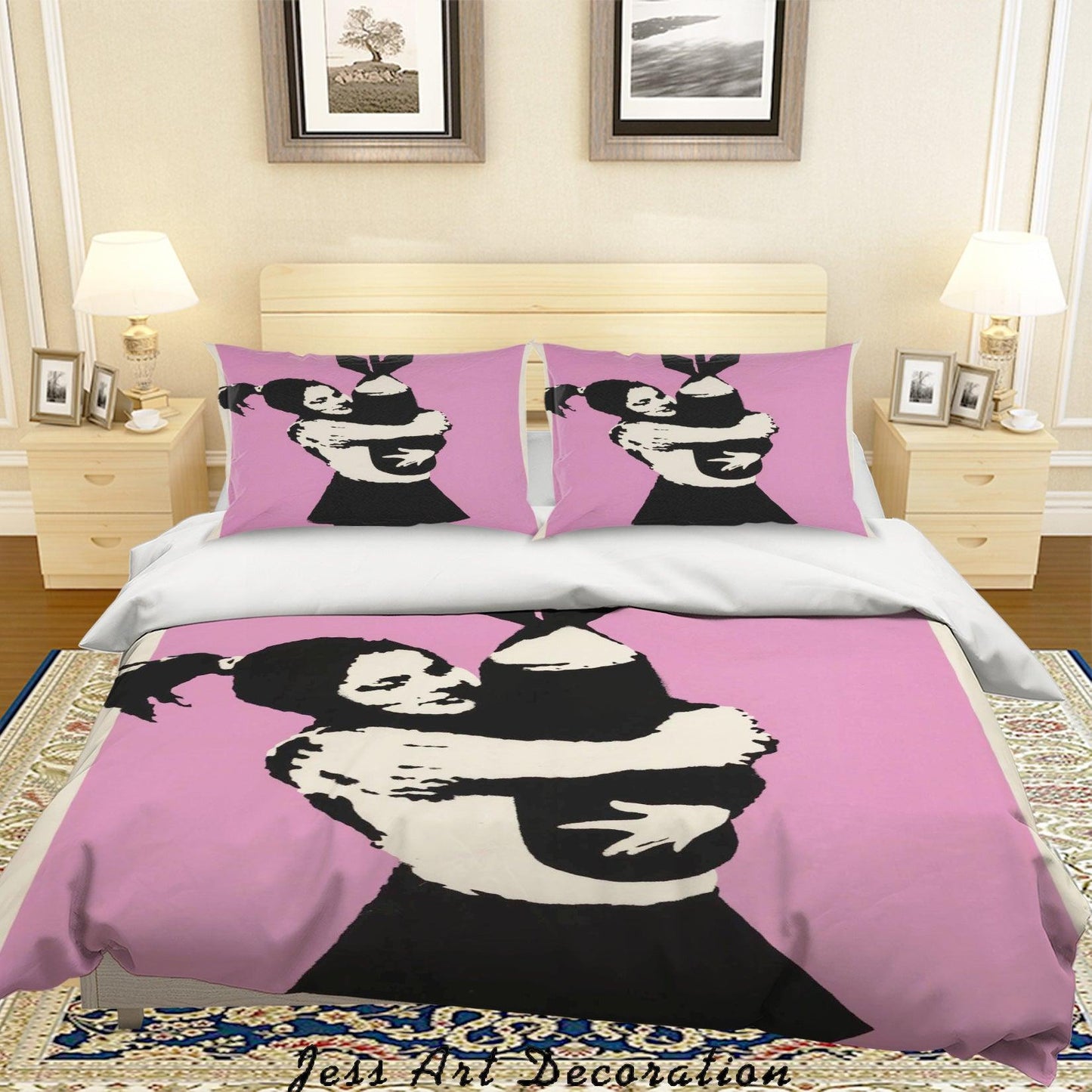 3D Banksy Bomb Hugger Girl Pink Background Quilt Cover Set Bedding Set Pillowcasesn  ZY D8