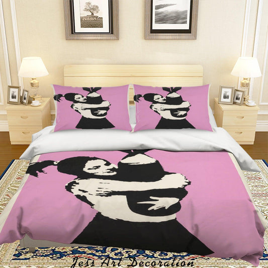 3D Banksy Bomb Hugger Girl Pink Background Quilt Cover Set Bedding Set Pillowcasesn  ZY D8