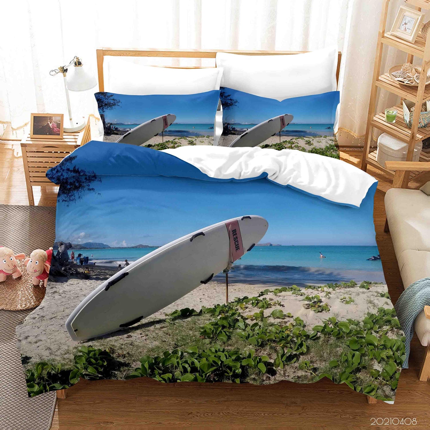 3D Blue Beach Surfboard Quilt Cover Set Bedding Set Duvet Cover Pillowcases 65