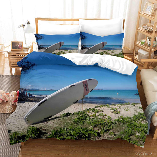 3D Blue Beach Surfboard Quilt Cover Set Bedding Set Duvet Cover Pillowcases 65
