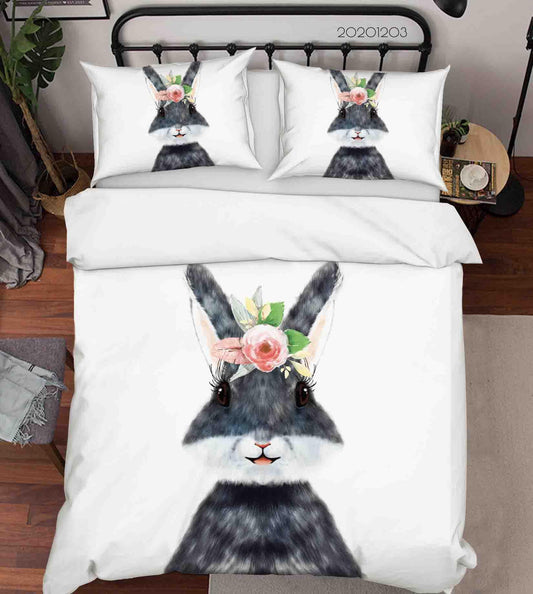 3D Cartoon Hand Drawn Pink Rose Floral Grey Bunny Animal Quilt Cover Set Bedding Set Duvet Cover Pillowcases LXL