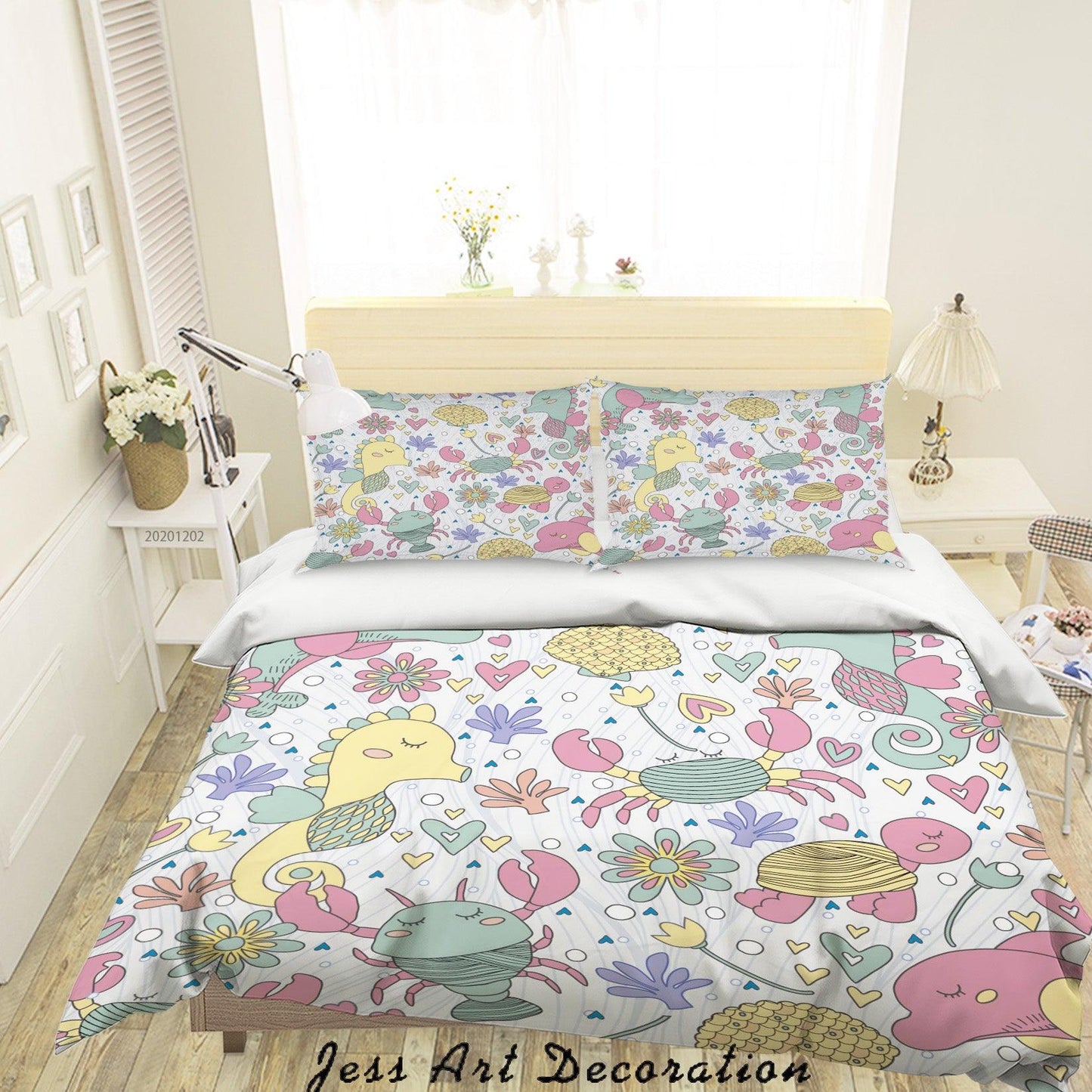 3D Cartoon Hand Drawn Colorful Floral Ocean Hippocampus Fish Quilt Cover Set Bedding Set Duvet Cover Pillowcases LXL