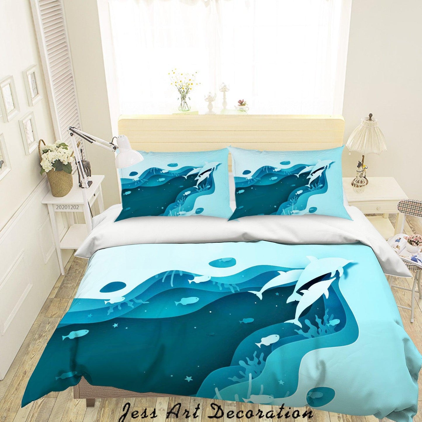 3D Cartoon Blue Ocean Dolphin Fish Seaweed Quilt Cover Set Bedding Set Duvet Cover Pillowcases LXL