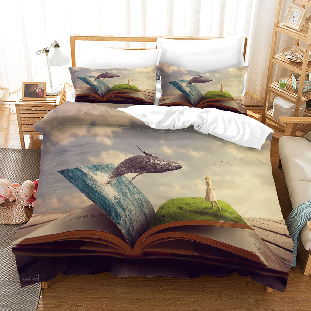 3D Book Flood Dragon Girl Quilt Cover Set Bedding Set Duvet Cover Pillowcases 1140
