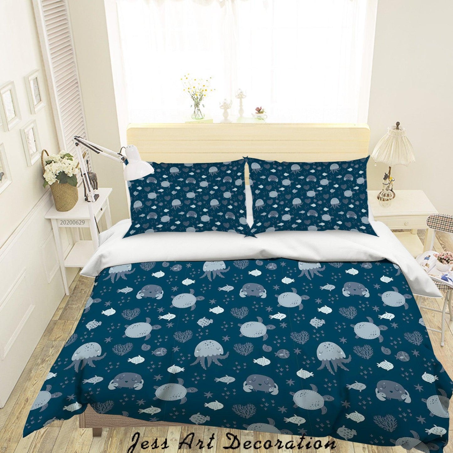 3D Blue Jellyfish Crab Seaweed Fish Sea Turtle Quilt Cover Set Bedding Set Duvet Cover Pillowcases SF97