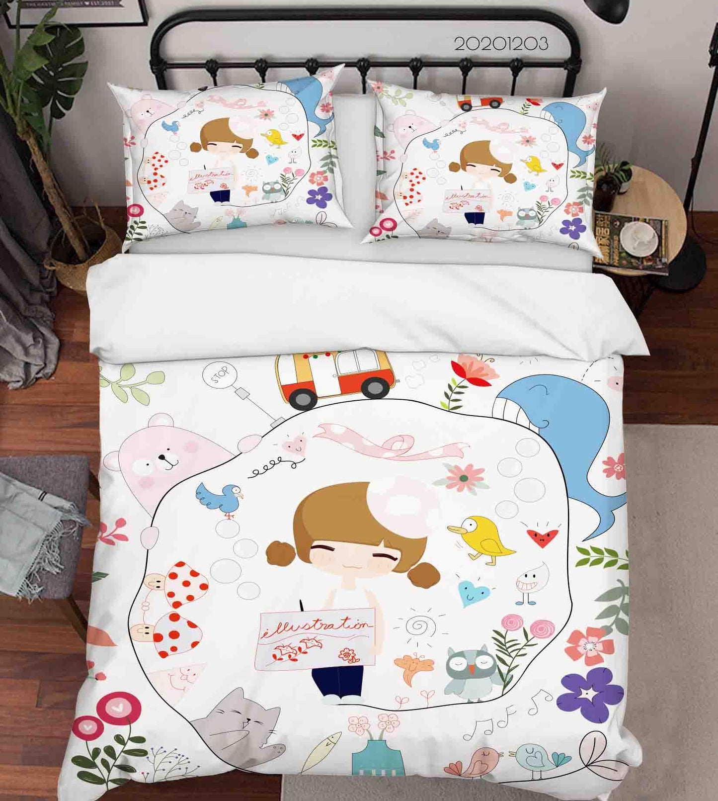 3D Cartoon Hand Drawn Colorful Floral Plant Bear Whale Lovely Girl Quilt Cover Set Bedding Set Duvet Cover Pillowcases LXL