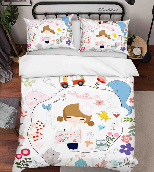 3D Cartoon Hand Drawn Colorful Floral Plant Bear Whale Lovely Girl Quilt Cover Set Bedding Set Duvet Cover Pillowcases LXL