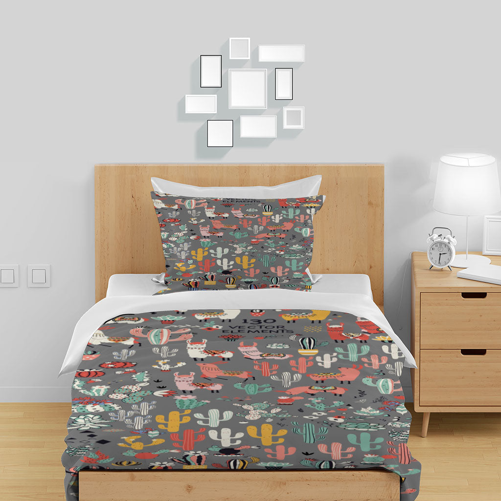 3D Cartoon Cactus Alpaca Letter Quilt Cover Set Bedding Set Duvet Cover Pillowcase 1393