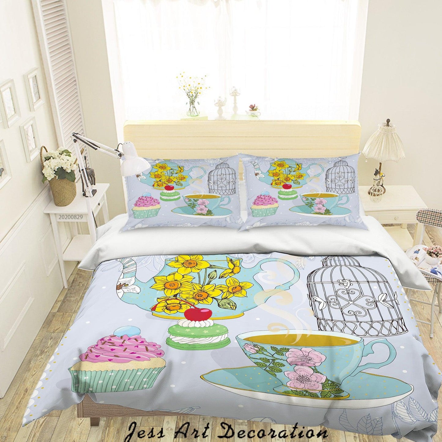 3D Abstract Hand Draw Cartoon Teacup Floral Pattern Quilt Cover Set Bedding Set Duvet Cover Pillowcases WJ 3593