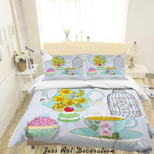3D Abstract Hand Draw Cartoon Teacup Floral Pattern Quilt Cover Set Bedding Set Duvet Cover Pillowcases WJ 3593