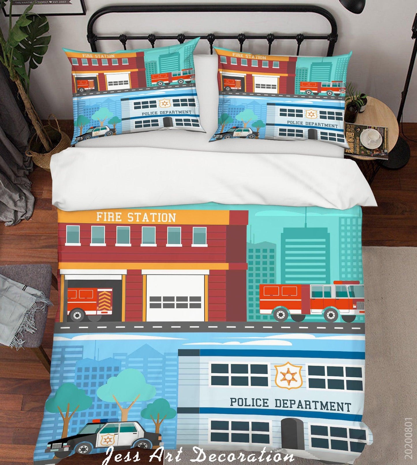 3D Cartoon Firetruck Police Department Quilt Cover Set Bedding Set Duvet Cover Pillowcases LXL 223