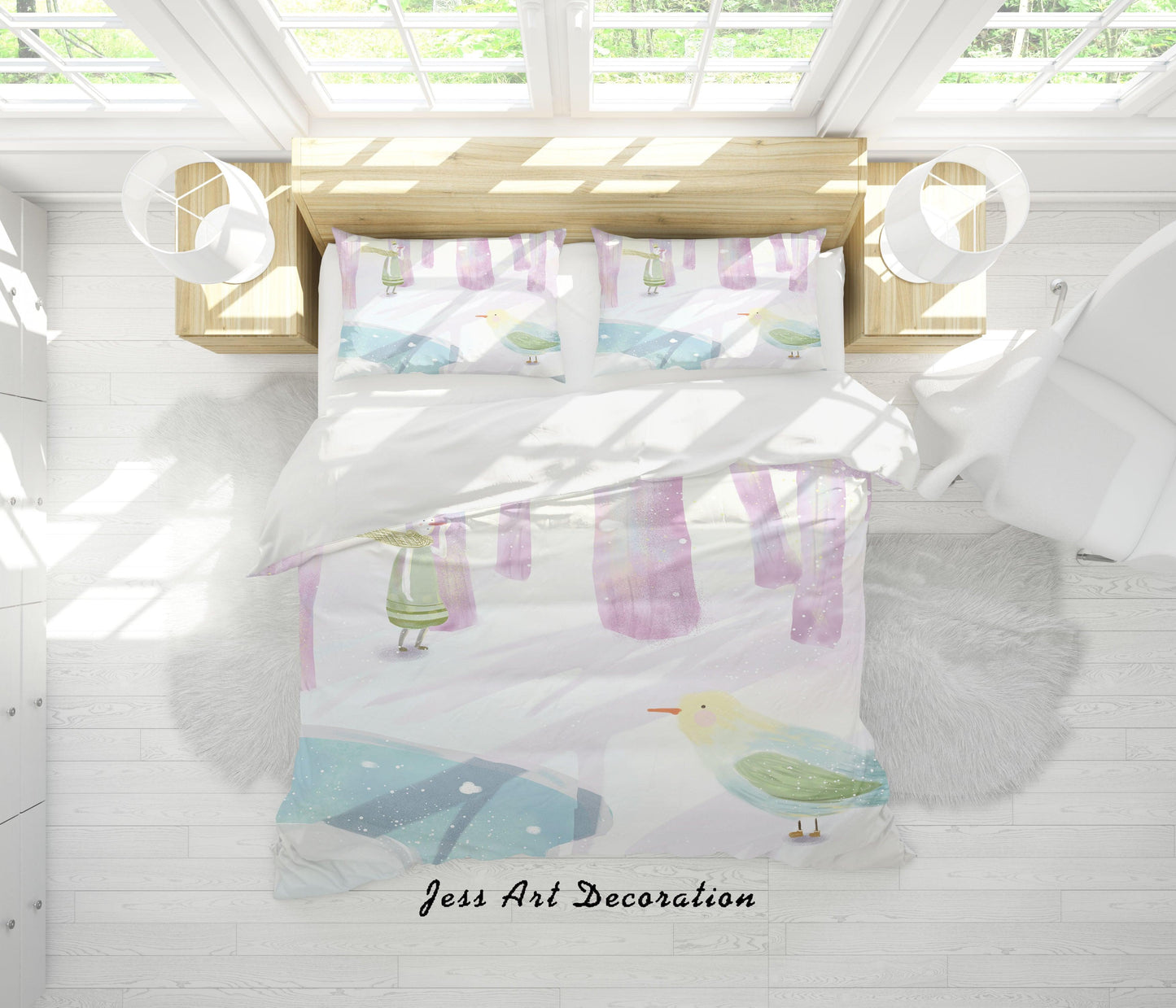 3D Cartoon Bird Snow Forest Girl Quilt Cover Set Bedding Set Duvet Cover Pillowcases A572 LQH