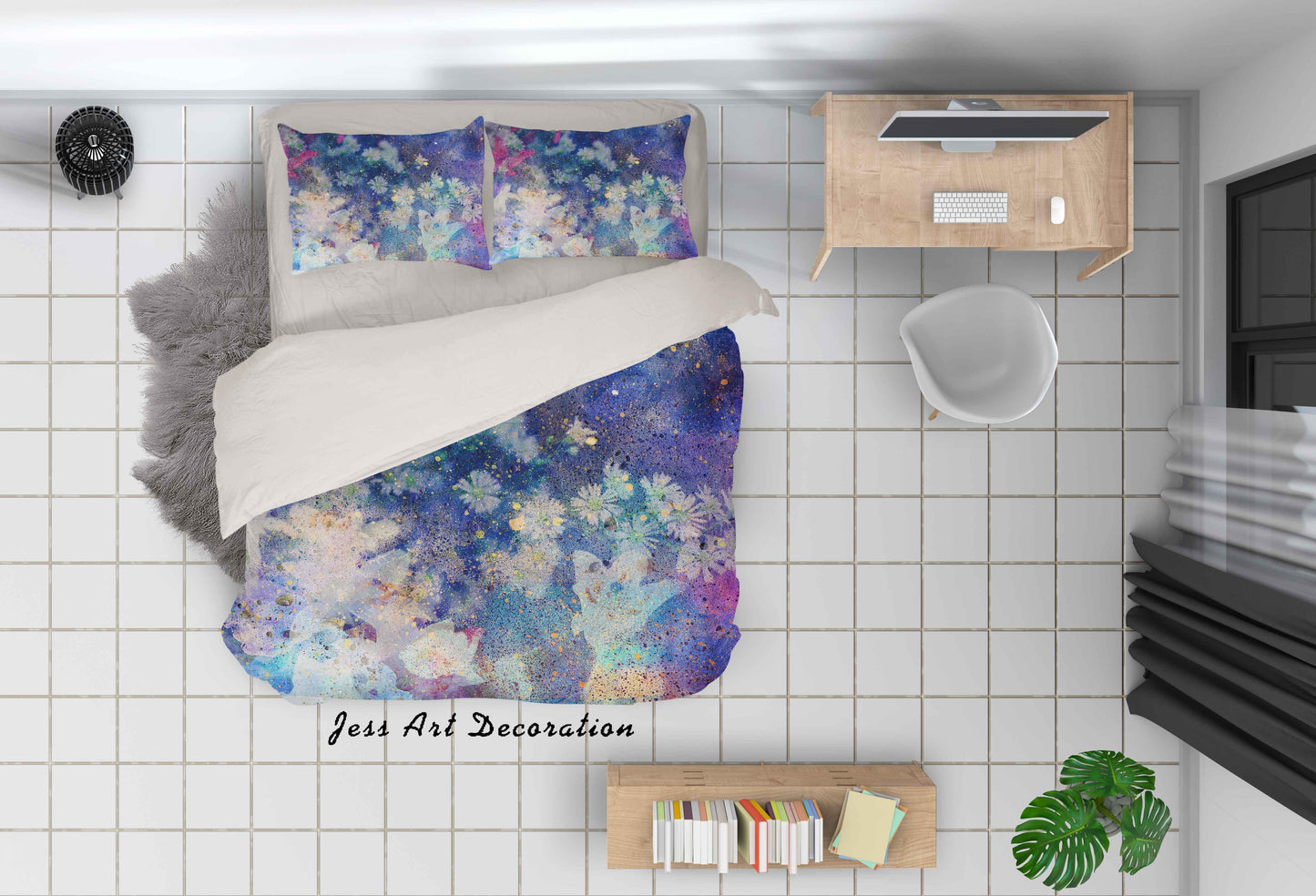 3D Blue Watercolor Floral Quilt Cover Set Bedding Set Pillowcases 55