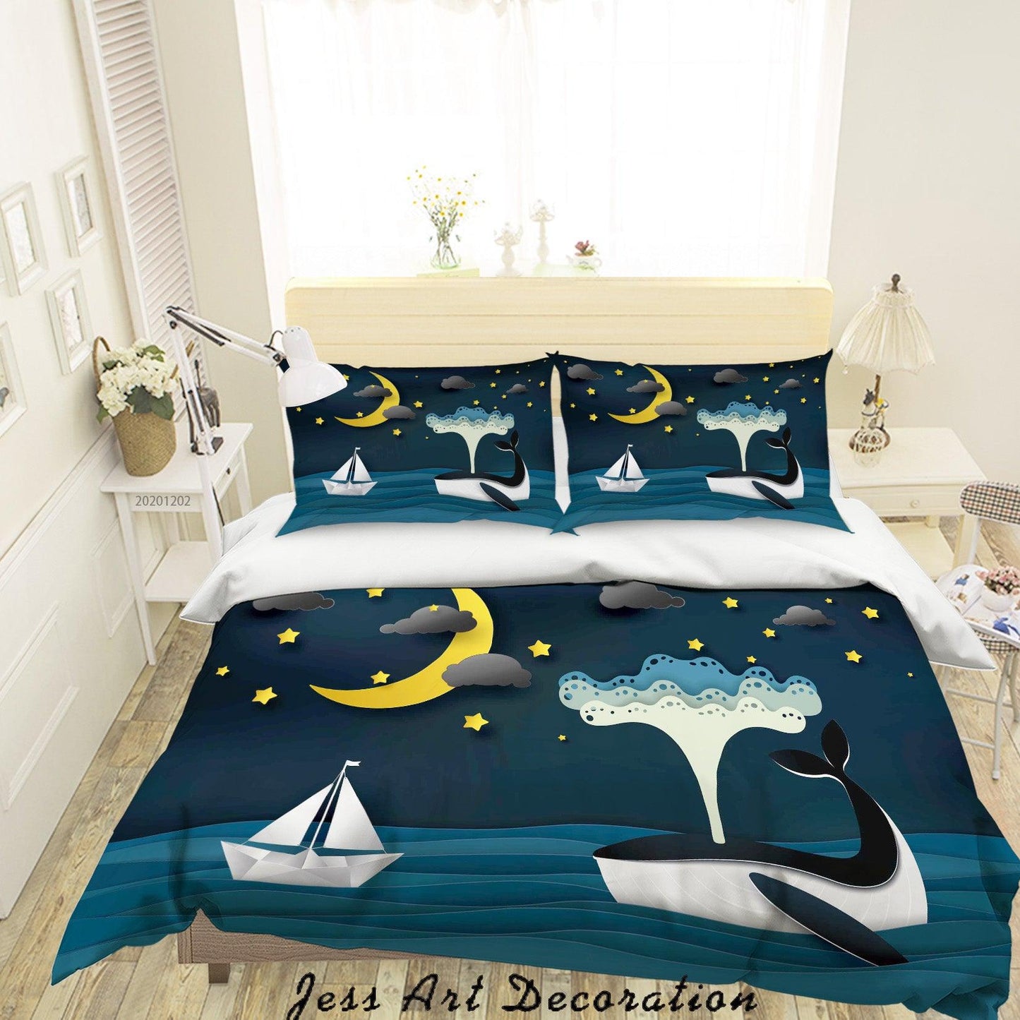 3D Cartoon Night Moon Star Cloud Sailboat Ocean Whale Quilt Cover Set Bedding Set Duvet Cover Pillowcases LXL