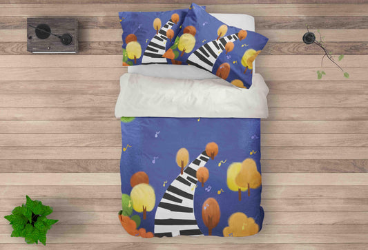 3D Blue Cartoon Piano Keyboard Trees Quilt Cover Set Bedding Set Pillowcases 35